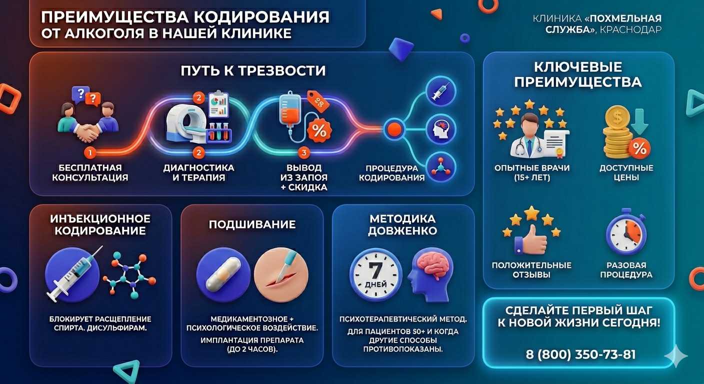 Инфографика о методах кодирования от алкоголя в Крыловской: инъекции, подшивание, метод Довженко. Преимущества клиники и этапы лечения.